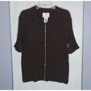 Quacker Factory Brown Ribbed Zip Cardigan Rhinestone Zipper Sz L